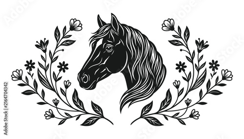 Black and white horse head silhouette vector graphic illustration framed by floral branches and leaves with line art white background t shirt stallion illustration
