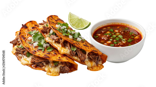 Authentic beef birria tacos with melted cheese, traditional Mexican quesabirria with consomme dipping sauce, isolated on white
