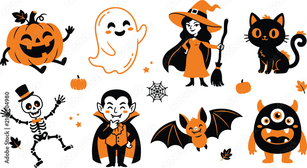 Obraz premium A delightful collection of classic halloween characters including ghosts pumpkins witches and monsters for spooky season celebrations and festive decorations