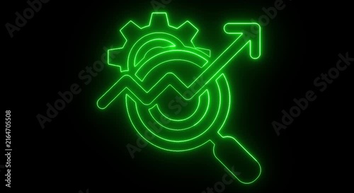 Growth Strategy Icon with Gear and Magnifying Glass on Black Background