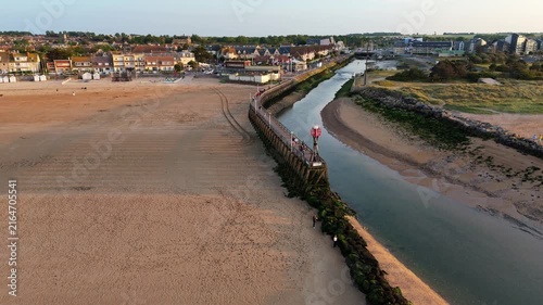 Aerial view of the Courseulles sur mer pier next to the mouth of the Seulles river