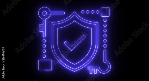 Glowing Neon Cyber Security Shield with Check Mark and Key Icon Animation