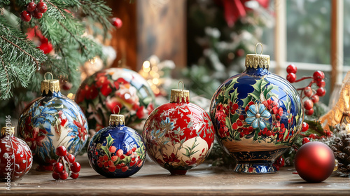 Traditional vintage glass christmas ornaments and berries resting on a wooden table surface with glass baubles holiday decor pine branches ornaments