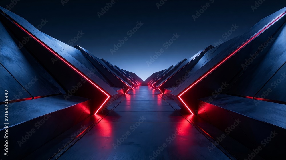 Fototapeta premium Futuristic Sci-Fi Corridor with Red Neon Lights