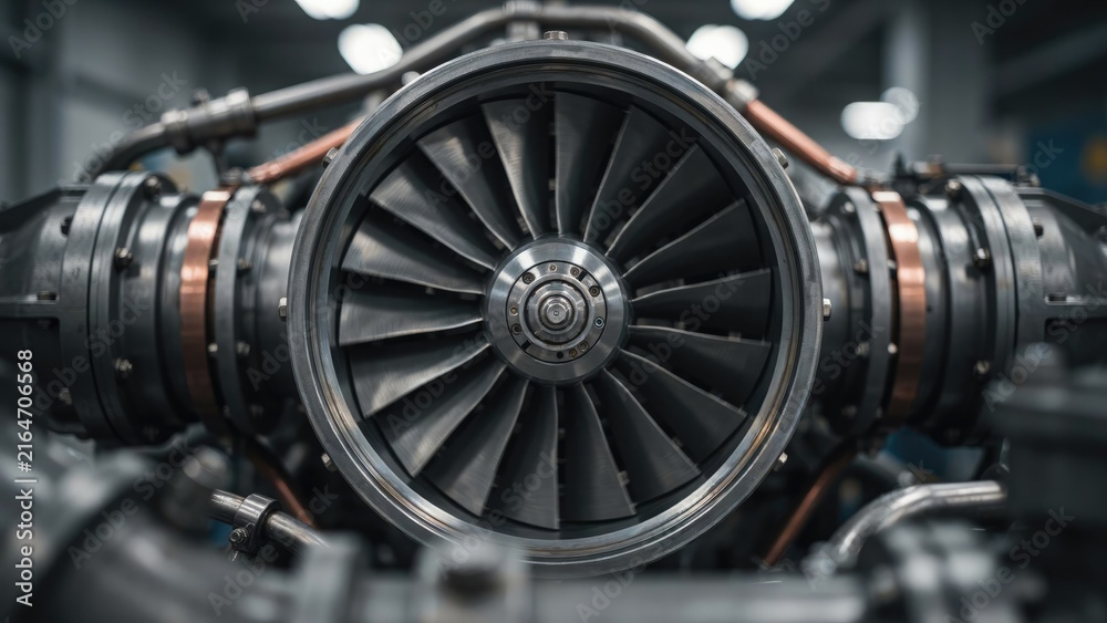 Fototapeta premium Close-up of a metallic jet engine turbine with copper piping and steel components