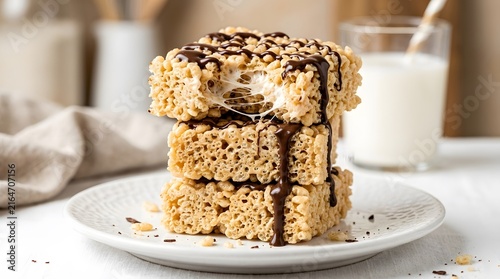 Stack of crispy marshmallow rice treats with chocolate drizzle on a white plate perfect for Rice Krispie Treat Day