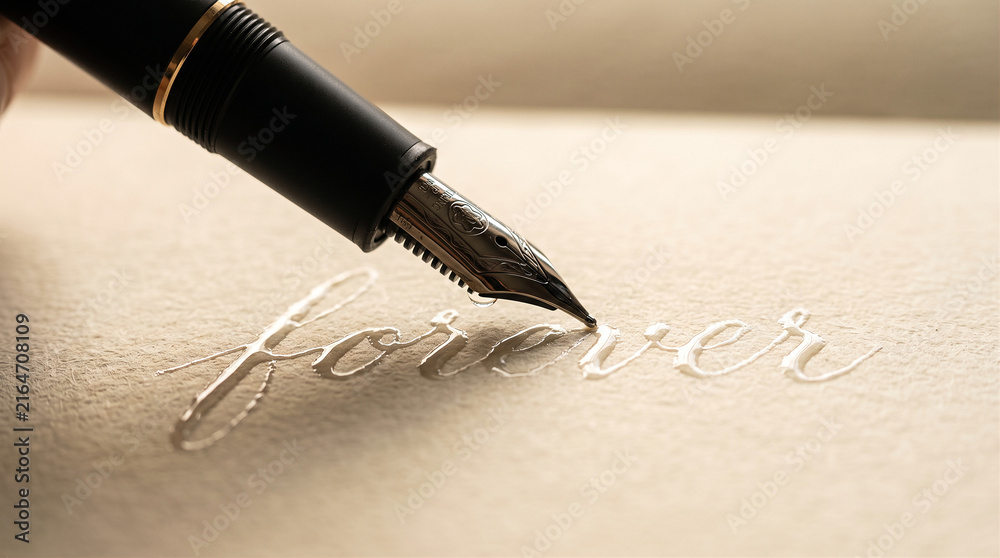 Fototapeta premium Fountain pen writing with water on paper, creative liquid calligraphy concept.