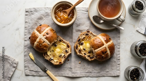 Fresh hot cross buns with butter and marmalade for Easter breakfast on a marble table