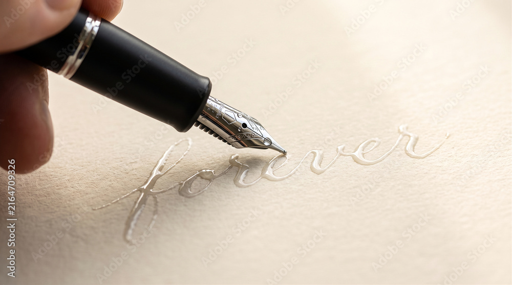 Fototapeta premium Fountain pen writing the word forever with water on textured paper surface.