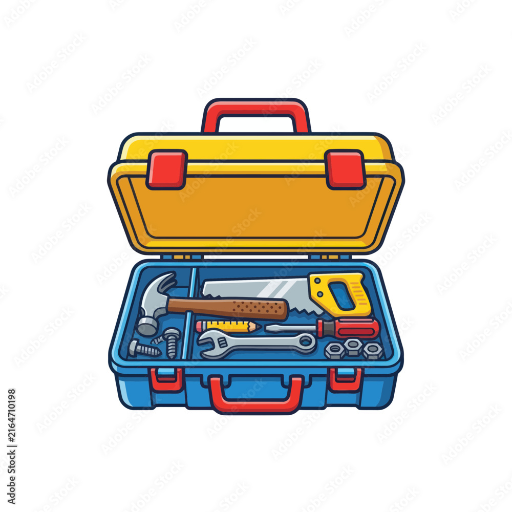 Fototapeta premium Open yellow and blue toolbox filled with various hand tools for repair and maintenance.