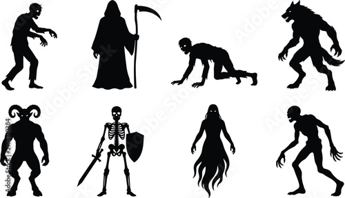 Foto Halloween Horror Monster Silhouette Set Featuring Grim Reaper Zombie Werewolf Sk
