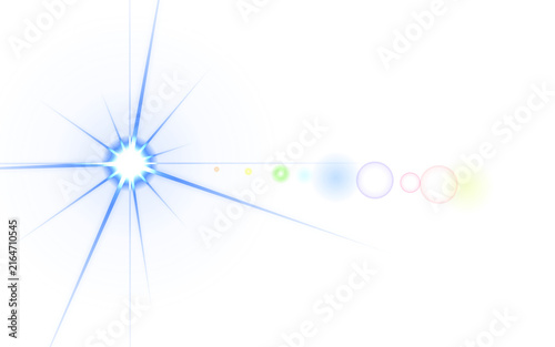 Bright blue starburst effect with colorful lens flare circles on a clean white background
