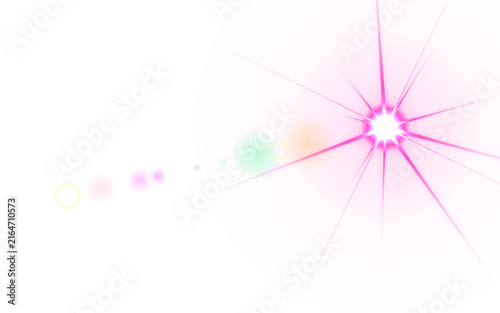 Glowing pink lens flare effect with bright light burst and colorful optical bokeh on white background