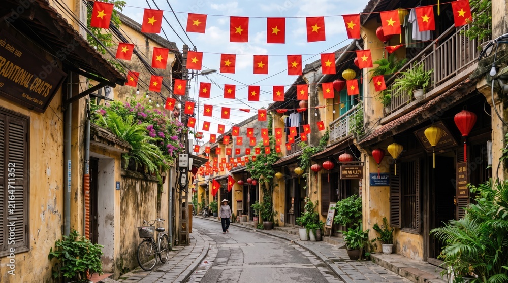 Fototapeta premium Traditional Vietnamese Street with Colorful Lanterns and Historic Architecture