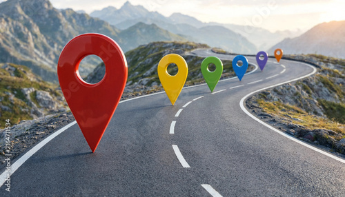Colorful location markers on a winding mountain road representing travel planning and navigation.
