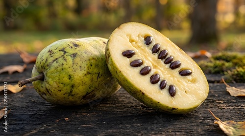 Fresh pawpaw fruit whole and sliced in half on a rustic wooden surface outdoors perfect for National Pawpaw Day