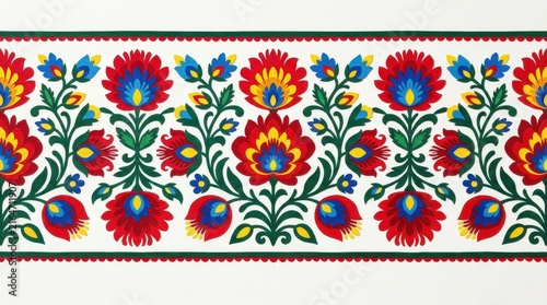 Traditional Polish Folk Art Floral Pattern Border with Colorful Wycinanki Flowers on White Background for Textile Design