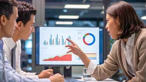 Professional Business Team Analyzing Data Charts on Computer Monitor in Modern Office Meeting