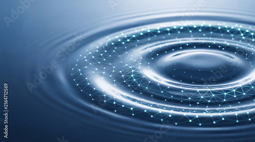 Futuristic digital water ripple covered with glowing interconnected data points and network lines, symbolizing connectivity, data flow, communication technology and digital transformation