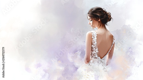 Young woman in white wedding dress with open back standing on light background  