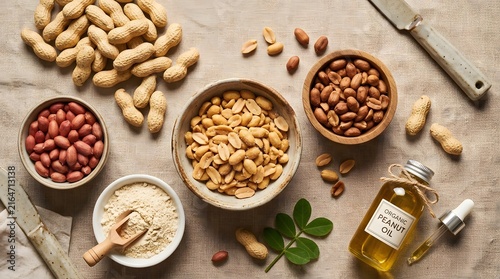 Assorted peanuts in bowls with peanut oil and flour on a rustic textured background perfect for National Peanut Day