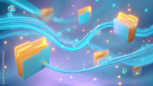 digital painting of luminous file folder icons surrounded by a swirl of glowing data strands and sparkling particles signifying AI processing. Bundles of electric cyan data cables flow toward 