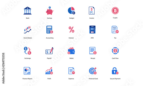Set of flat financial and banking icons for business and digital finance applications