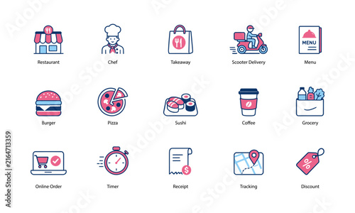 Food delivery and restaurant service icons set for mobile app and web design interface.