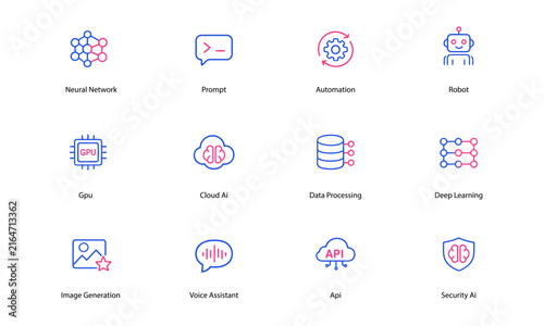 Set of modern line icons for artificial intelligence, machine learning and cloud computing.