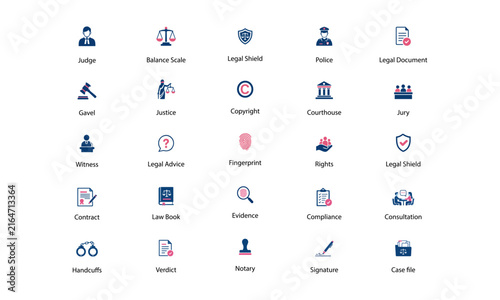 Set of legal and law enforcement icons for professional business and justice design projects