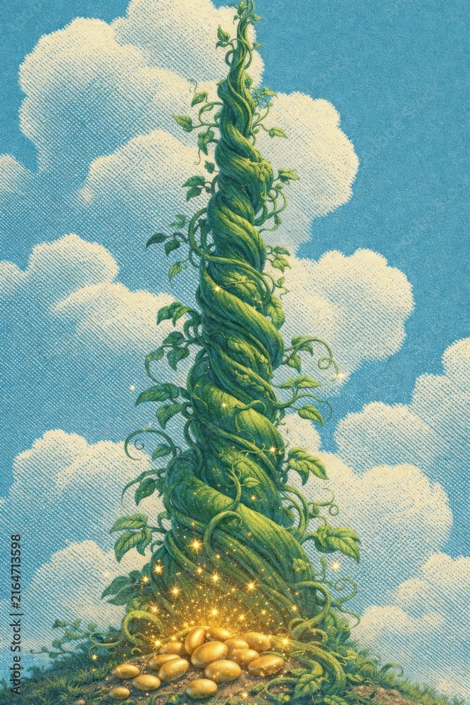 Fototapeta premium Fantasy beanstalk spirals skyward from glowing golden eggs beneath clouds