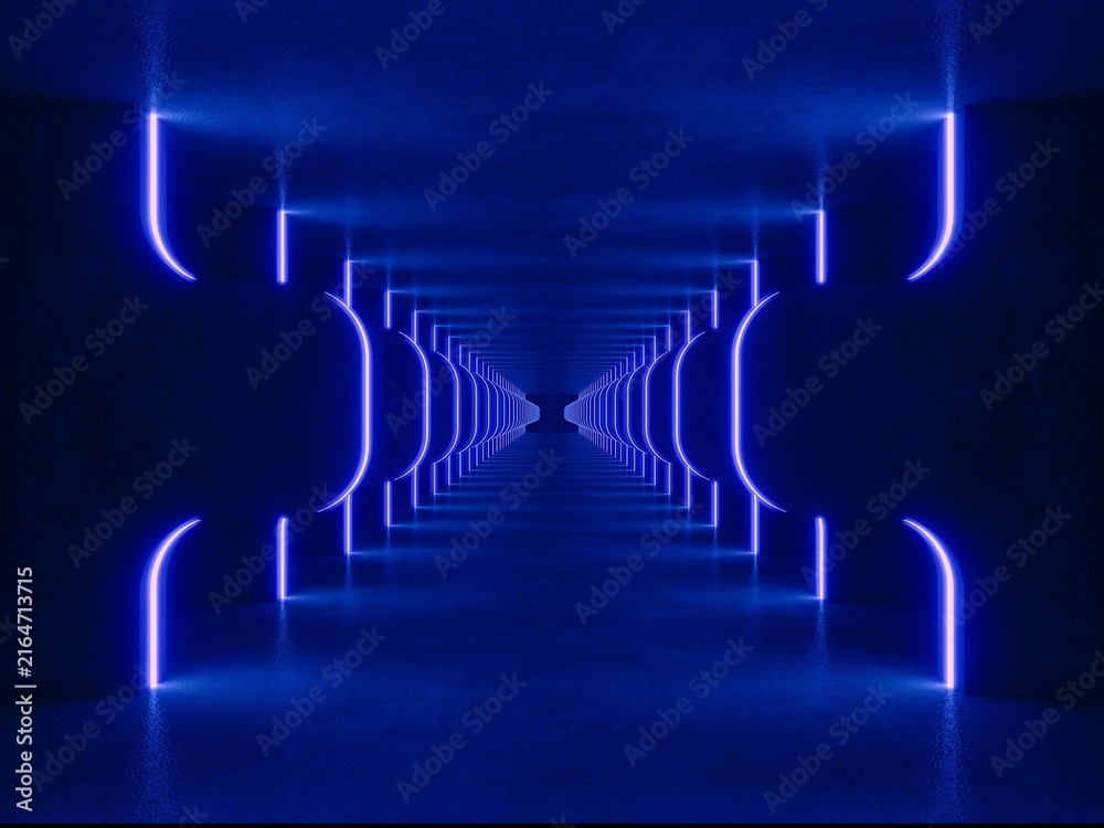 Obraz premium Blue modern lighting tunnel space, 3d rendering sci-fi concept