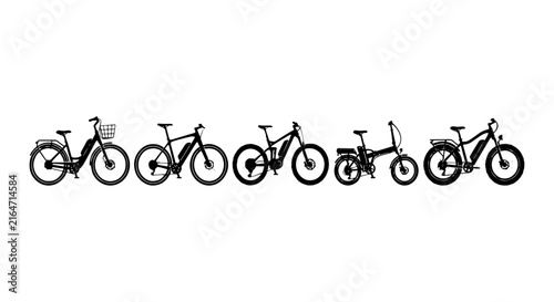 Electric Bicycle Silhouettes Collection, Diverse E-Bike Styles, Modern Urban Transport Icons