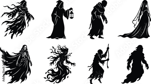 Foto Set of spooky Halloween ghost character silhouettes grim reaper hooded monk phan
