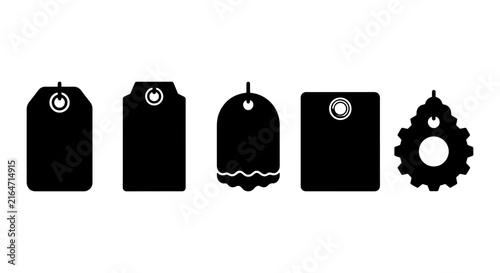 Set of Five Black Silhouette Tags, Price Labels, Gift Tags, Product Tags, Gear Shape