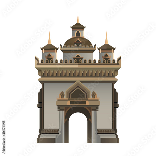 Patuxai Victory Gate Illustration Isolated on White Background, Traditional Vientiane Laos Landmark Archway