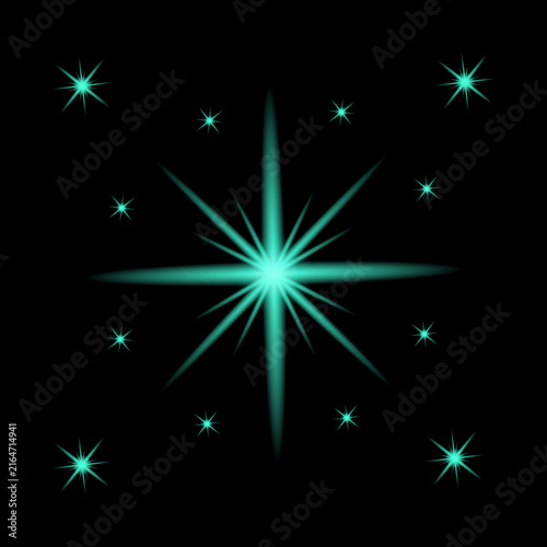 Bright glowing teal starburst effect surrounded by smaller twinkling sparkles isolated on a deep black background