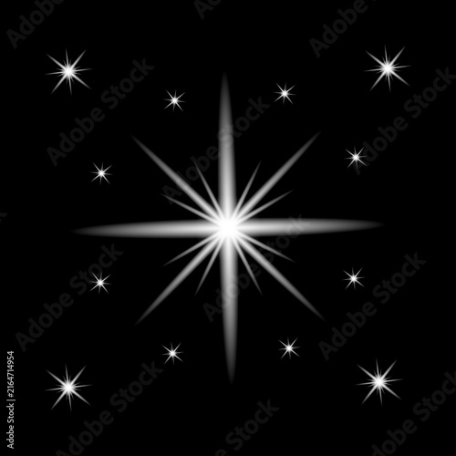 A bright central star surrounded by smaller twinkling sparkles isolated on a deep black background