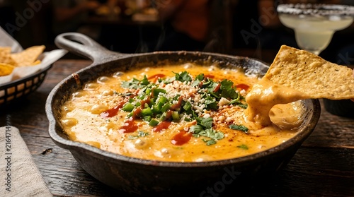 Hot melted cheese dip in cast iron skillet with tortilla chips for National Queso Day 