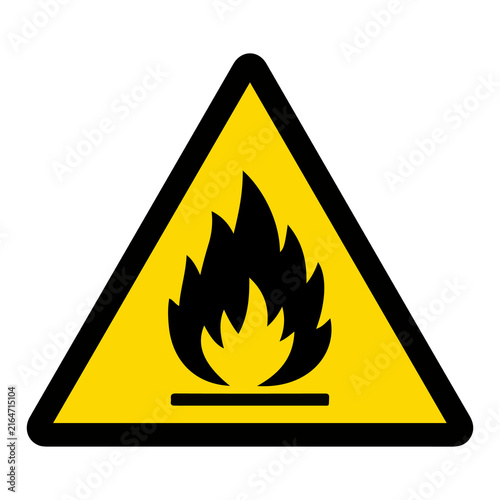 Flammable material or fire hazard flame yellow triangle warning sign vector illustration