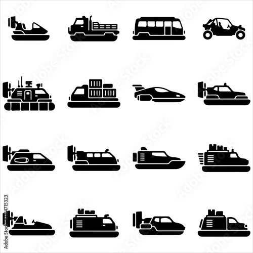 Foto Set of black silhouette hovercraft and futuristic vehicle icons on white backgro