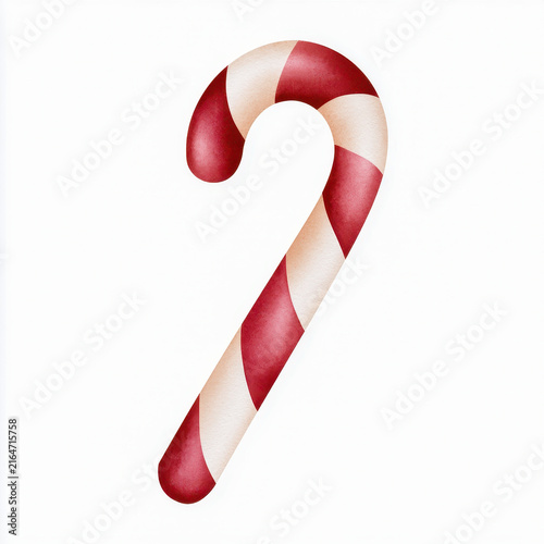 Candy cane with red and white stripes isolated on white background, festive holiday sweet treat with smooth texture and hand drawn craft style