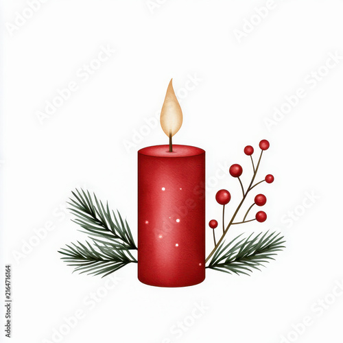 Red candle flame pine branch red berry Christmas decoration holiday festive winter seasonal celebration wax burning nature green plant bright