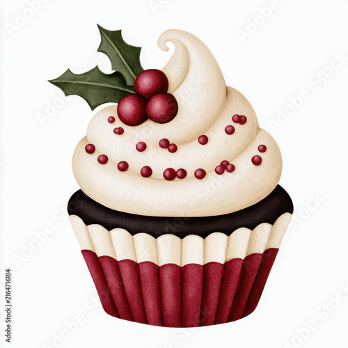 Christmas cupcake with creamy frosting, red berries, and green holly leaves, festive holiday dessert with decorative sprinkles and paper liner