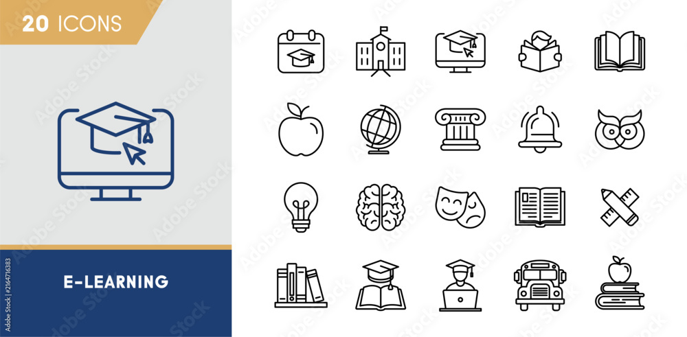 Fototapeta premium E-Learning and Digital Online Education Vector Line Icons