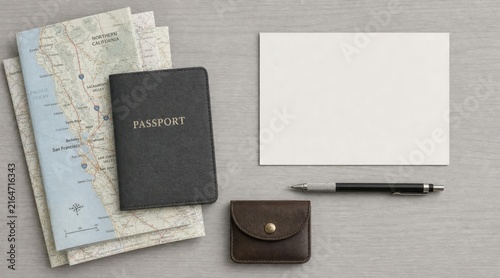 Overhead Flat Lay Travel Planning Arrangement with Map and Card