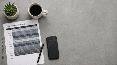 Overhead flat-lay office desk with schedule and face-down phone