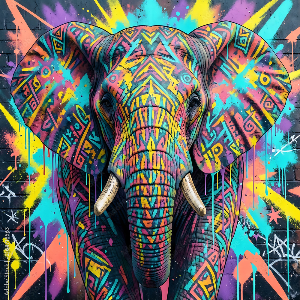 Obraz premium Vibrant Psychedelic Elephant Graffiti Art with Colorful Geometric Patterns and Splatter Paint Background