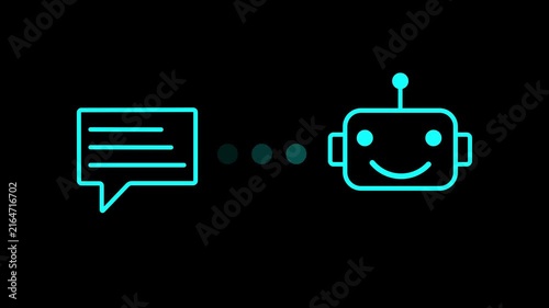 Cyan Neon Chatbot Icon with Speech Bubble and Conversation Dots on Black Background, Artificial Intelligence Virtual Assistant and Digital Communication . 4K Motion Graphics.