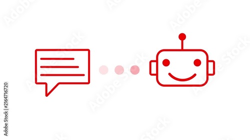 Animated motion graphics showing a digital text chat bubble icon connecting to a smiling robot head via three loading dots. Concept of AI chatbot assistant, customer support, 4k video animation.